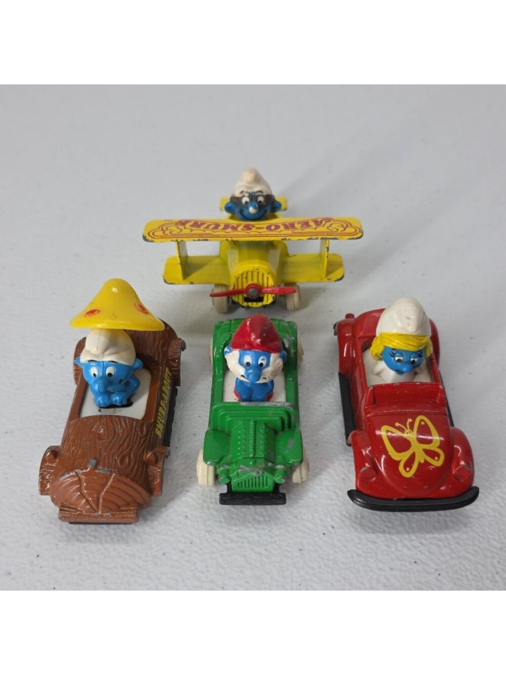 1982 ERTL Smurfs Die Cast Vehicles Papa Smurfette Airplane VW Bug Butterfly Log